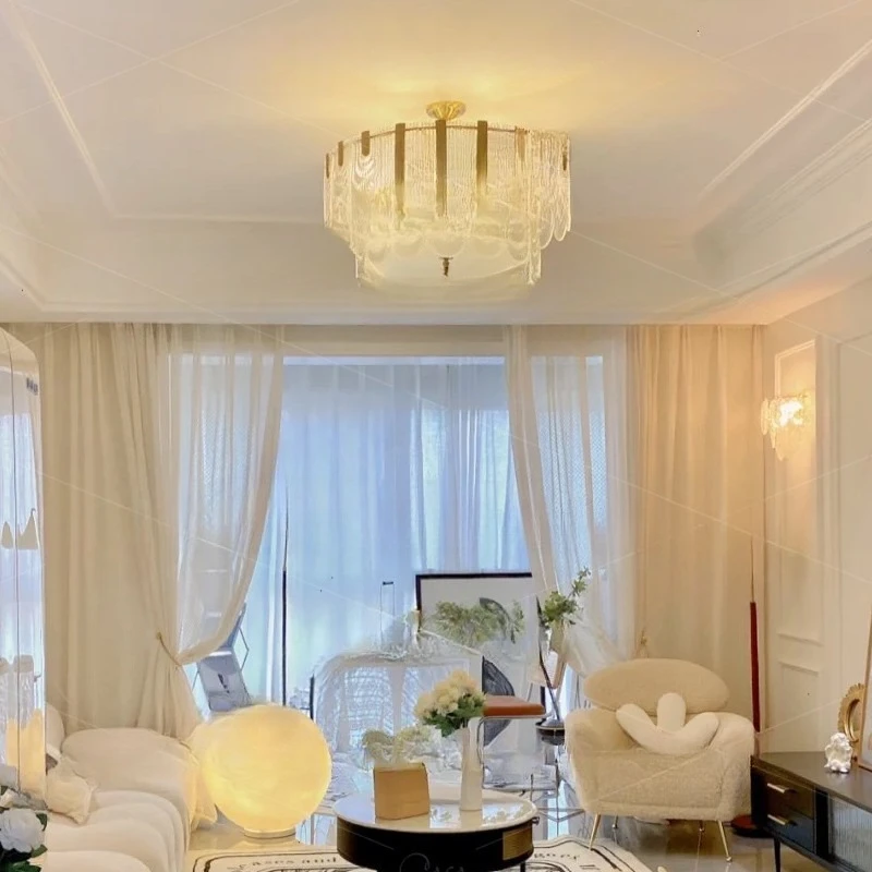 All copper living room hanging French light luxury glass crystal lamp dining room main lamp Nordic cream wind lamp bedroom