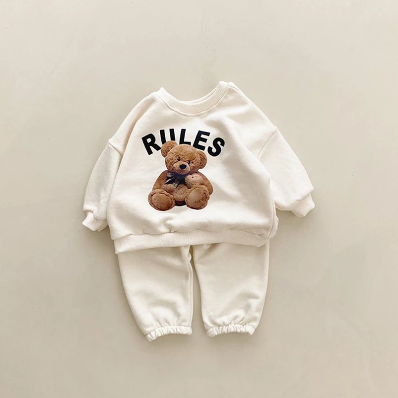 Korean 1-4Y Boys Outfit Set Toddler Girls Clothes Set Fashion Sweatshirt Tops +White Pants Spring Cartoon Bear Kids Clothes Suit