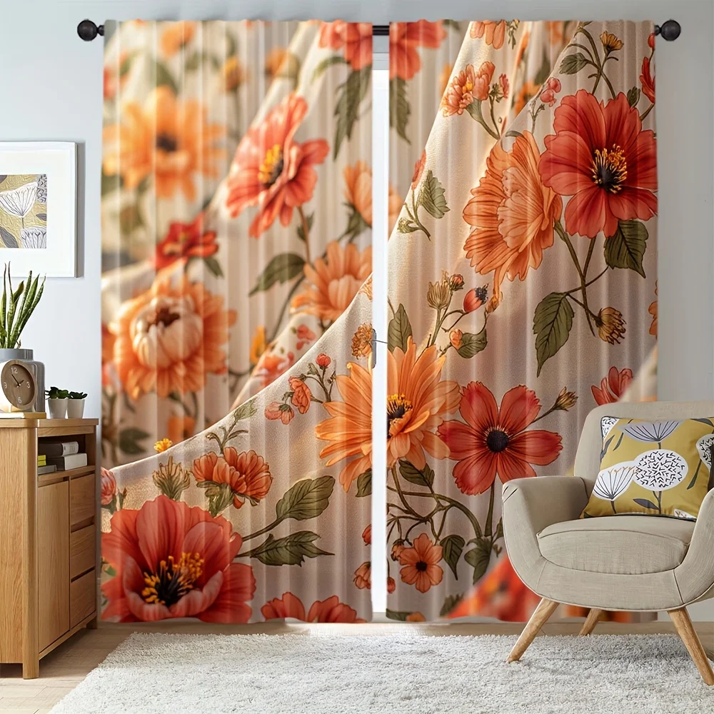 Retro Warm Autumn Flower Curtains, Orange Red Bloom Leaf Pattern Drapes for Cottage Balcony Country Interior Decoration