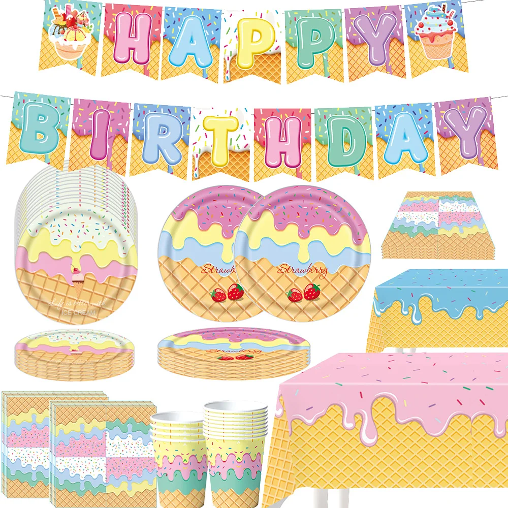 Süßes Eiscreme-Thema Geburtstagsparty-Zubehör Pappbecher Teller Tischdecken Banner Servietten-Sets Sommer-Dekoration Babyparty