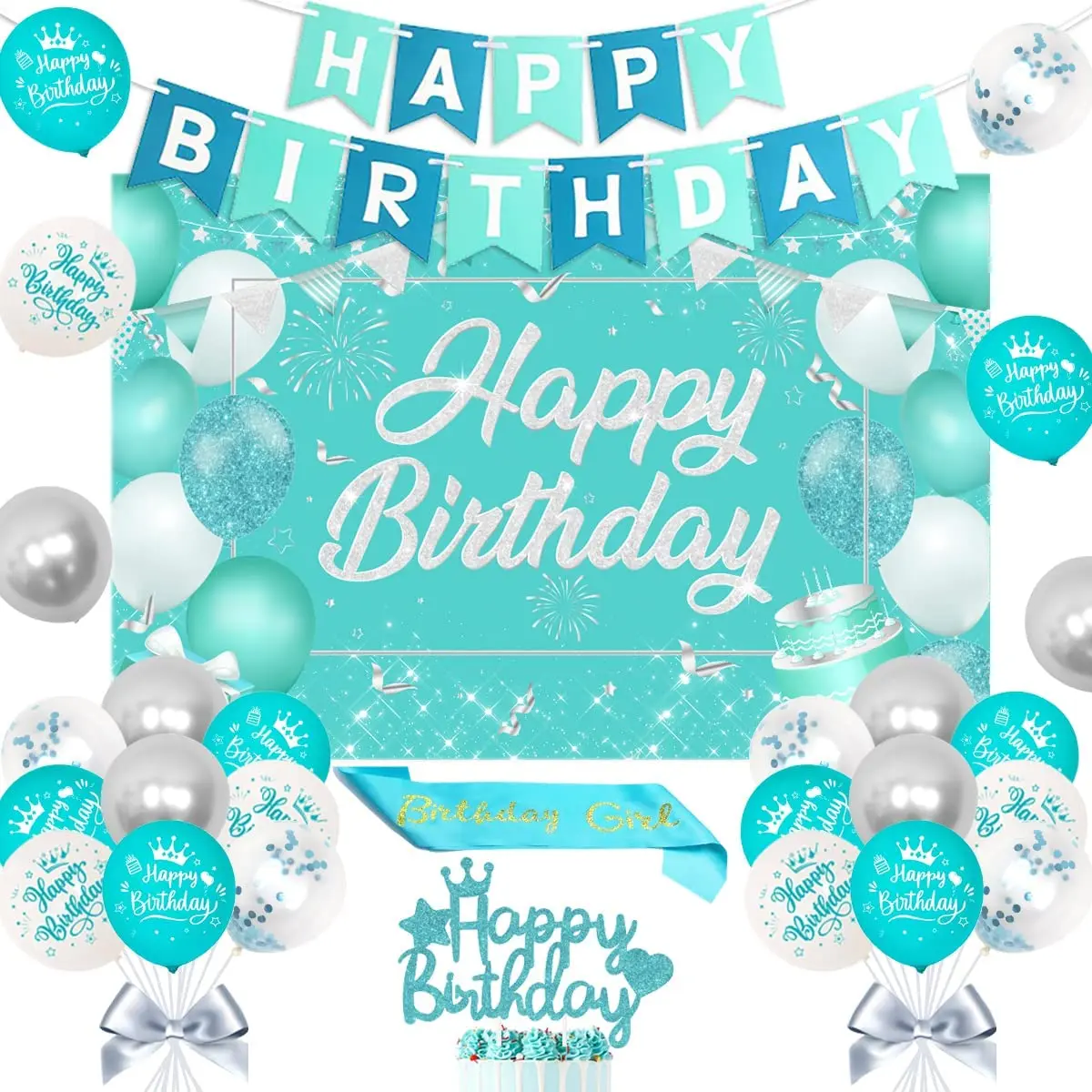 Turqoise-Printed Balloons for Women and Girls, Birthday Banner, Backdrop, Cake Topper, Teal Blue, Birthday Decorations