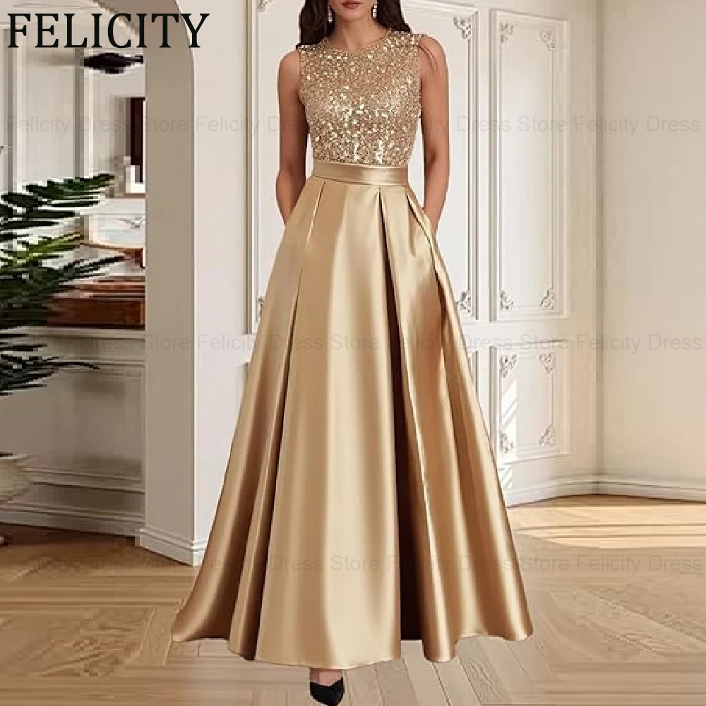 FELICITY Customized Modern Sequins Mother of the Bride Dress 2026 Satin A-Line Formal Wedding Guest Dress Party Evening Gowns
