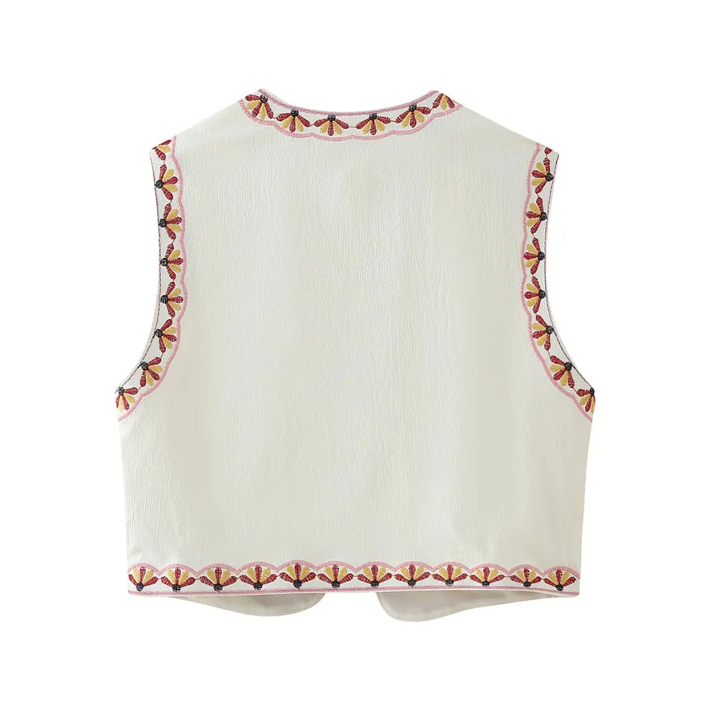 

Women's Retro Sleeveless Vest Flower Embroidered Short Top Spring & Fall Contrasting Color Cardigan Jacket