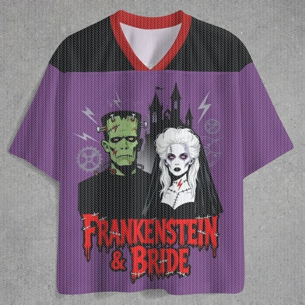 Gothic Halloween Monster Couple Lightning Heart Print MeshV-neck Sports Jersey Short Sleeve Unisex Dark Spooky Street Casual Top