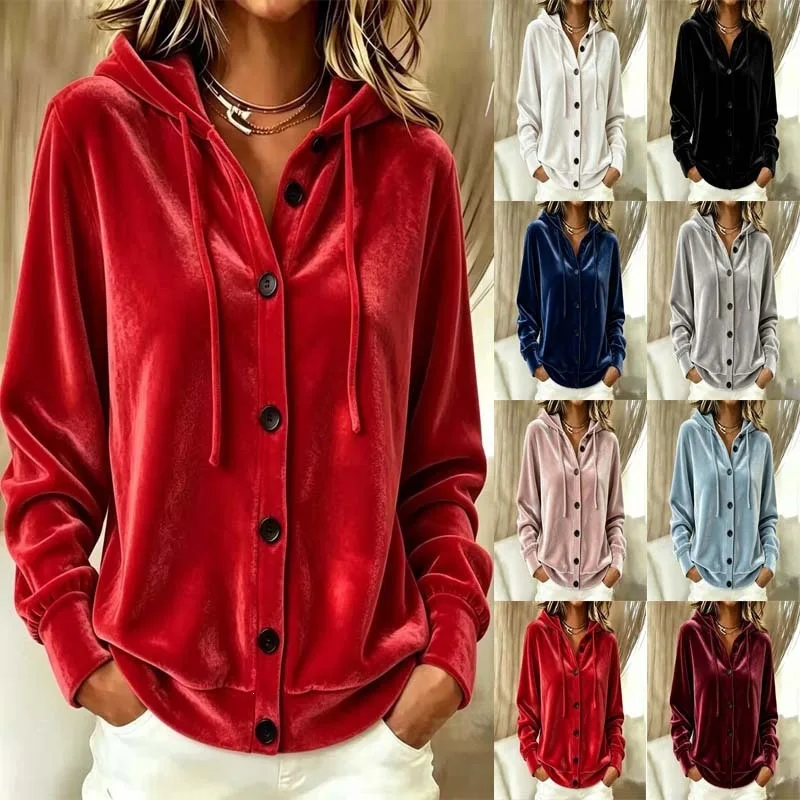 Damen Herbst-Winter Einfarbige Lässige Modische Geknöpfter Kapuzen-Cardigan mit Langen Ärmeln, Offene Samtjacke, Stilvoll und Bequem – Detail 1