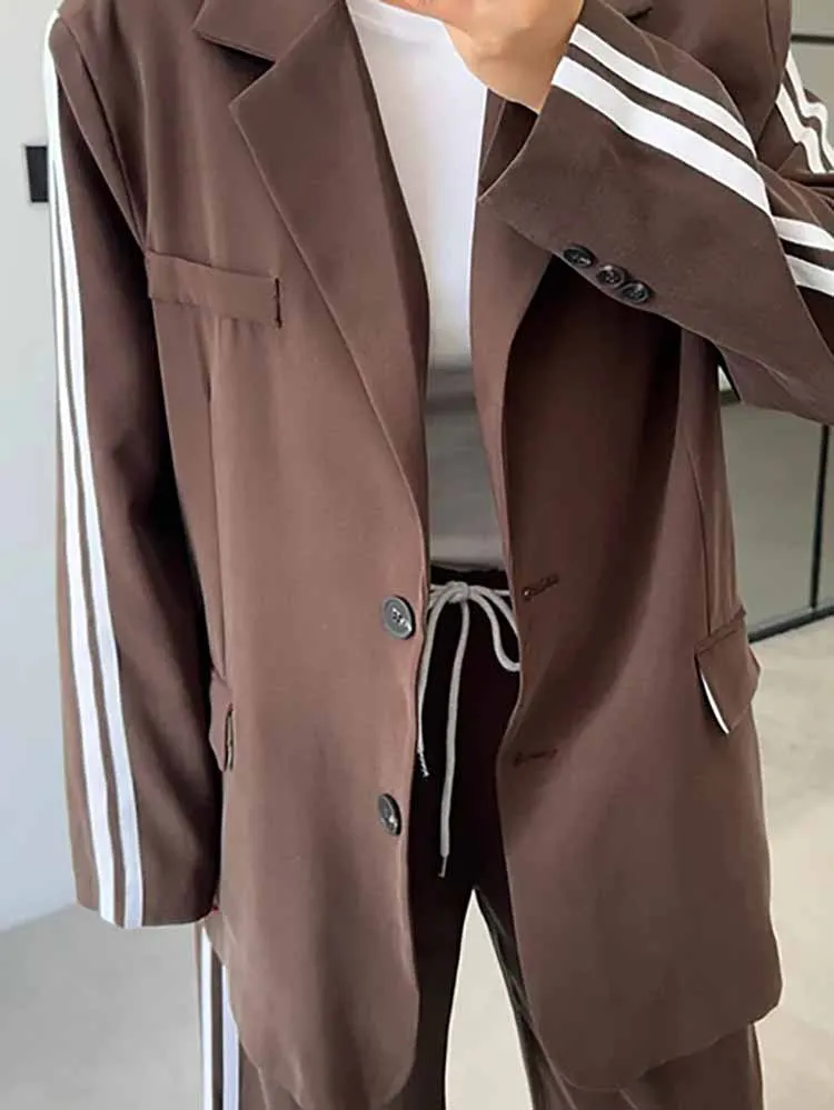

Autumn Winter Retro Stripe Splicing 2 Piece Set Female Lapel Long Sleeve Blazer Suit Casual Elastic Waist Wide Leg Pants Outfit
