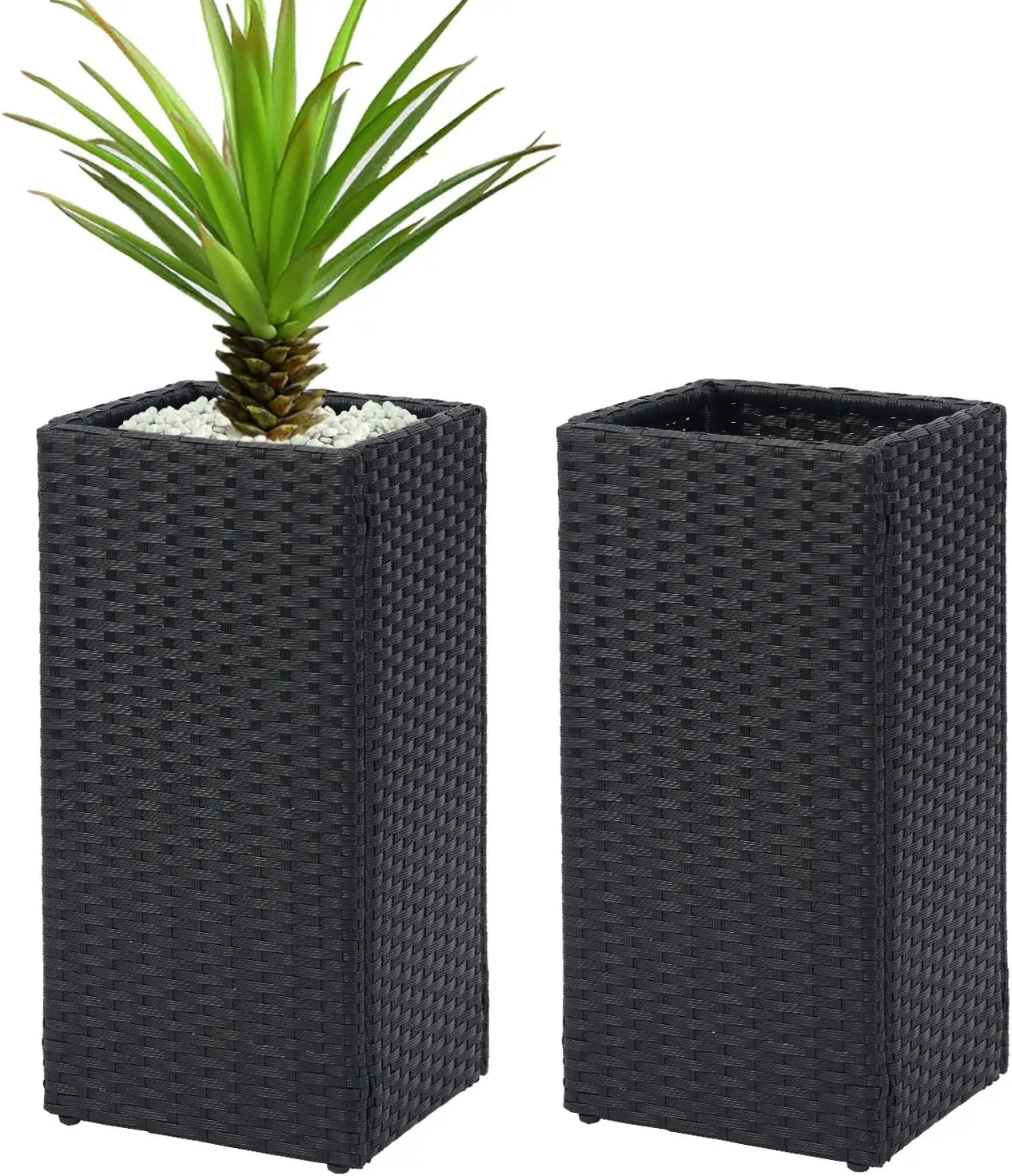 

Set of 2 Tall Square Planters 24'' Wicker with Removable Liners, Modern Indoor Outdoor Garden Patio - Black