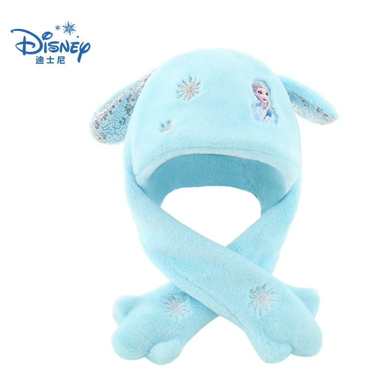 Disney Lce And Snow Wonderland Children\'s Warm Hat Plush Winter Windproof Girl Kids\' Scarf Hat Birthday Gift