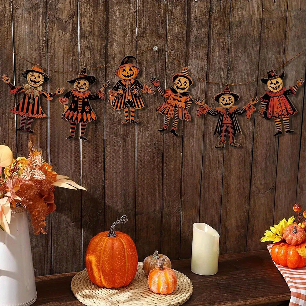 6-teiliges Halloween-Hängeparty-Banner aus Holz, Girlanden-Set, gruselige Kürbis-Hängedekorationen, gruselige Wandbehang-Tür-Eingangsbereich – Detail 5