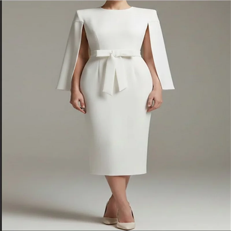 

Customized Beige Mother of the Bridal Dresses Tea-Length Wedding Guest Dresses Round Neck Mother Gowns 3/4 Sleeves Bow New