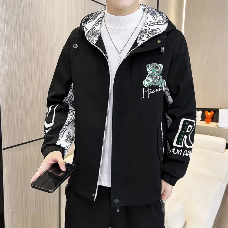 Fashion Spring Autumn Casual Men's Loose Hooded Jackets Streetwear Short Windbreaker Outdoor Hip Hop Coats Youth Tops Clothing