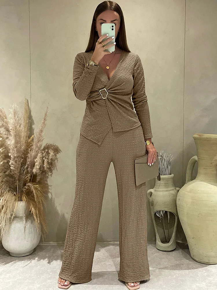 

Doyerl Элегантный модный комплект из двух предметов для женщин, осенне-зимний офисный женский топ с длинными рукавами и широкие брюки, одинаковые комплекты одежды