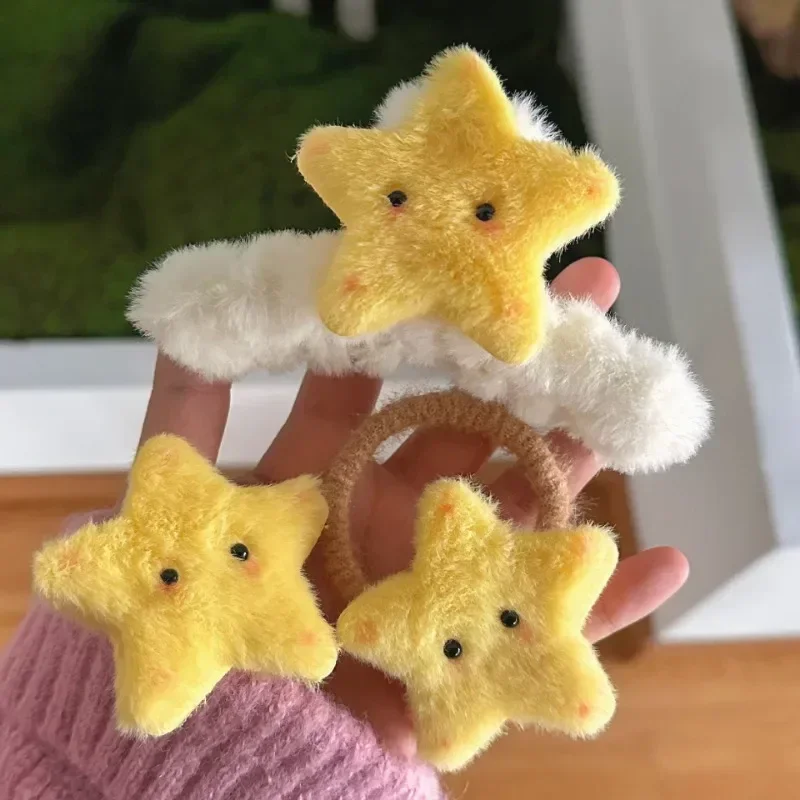 Soft Plush Yellow Star Hair Claw High Elastic Hair Rope for Girls Sweet Princess Clips Hair Styling Accessories Kids Winter Clip