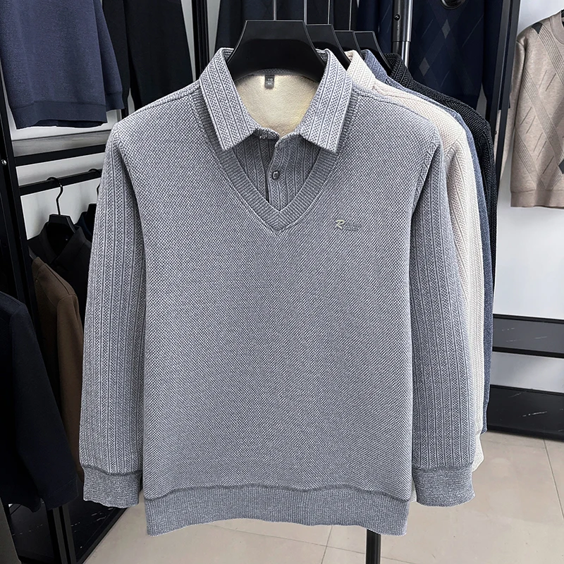 Luxury brand fashion shirt collar sweater men's new letter embossed plush thick warm business casual striped knitted pullover