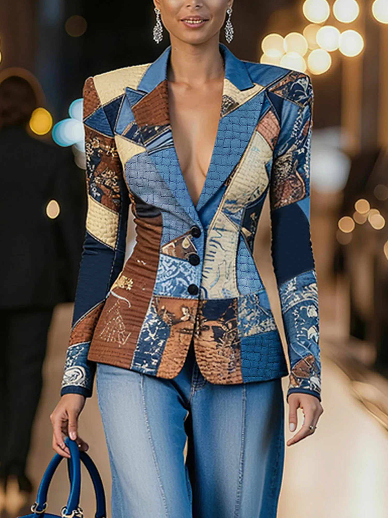 Vintage Women Patchwork Print Blazer Lapel Deep V Neck Single Breasted Slim Waist Jacket Elegant Color Block Office Party Coat