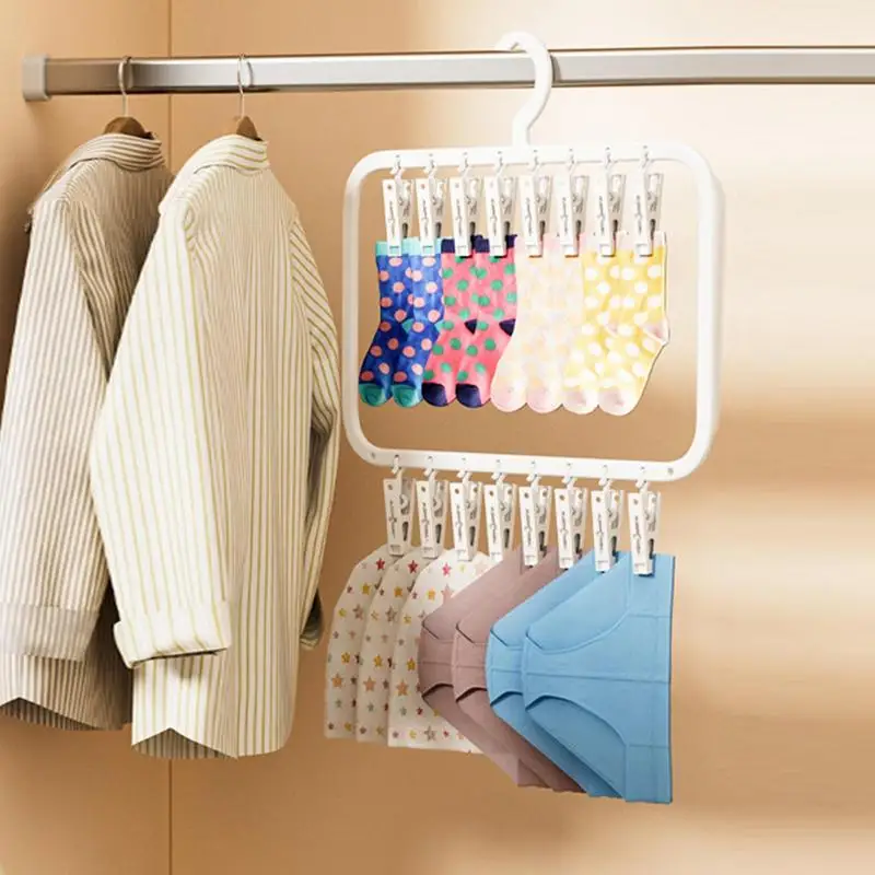 Double-layer Drying Rack With 18/26 Clips Windproof Underwear Socks Clip Hanger Space-Saving Drying Rack For Balcony Wardrobe