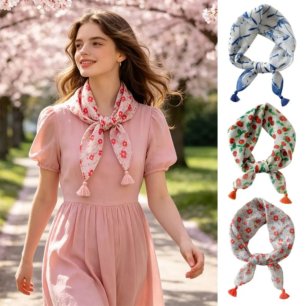 

Creative Multicolor Silk Scarf with Tassel Soft Neckerchief Flower Pattern 60cm Head Scarf Daily Use