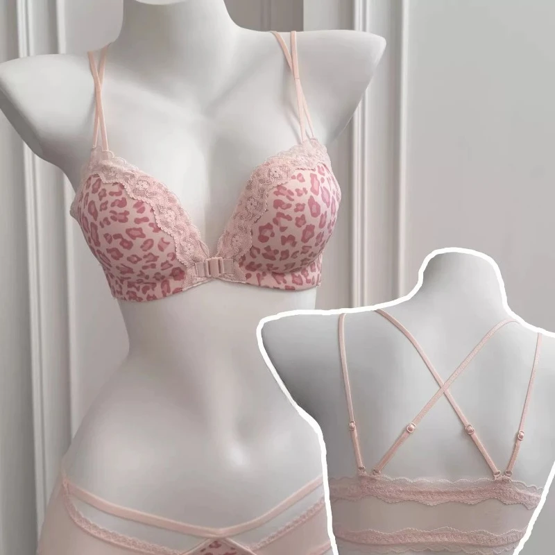 MOYISU Rosa Leoparden-BH-Set im Victoria-Stil, kabelloser Push-up-BH zur Brustvergrößerung, attraktives Rückendesign für Frauen mit kleiner Oberweite