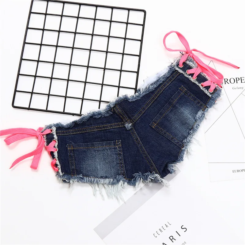 New Sexy Super Low Waist Denim Shorts Side Split Color Straps Nightclub Super Shorts Women