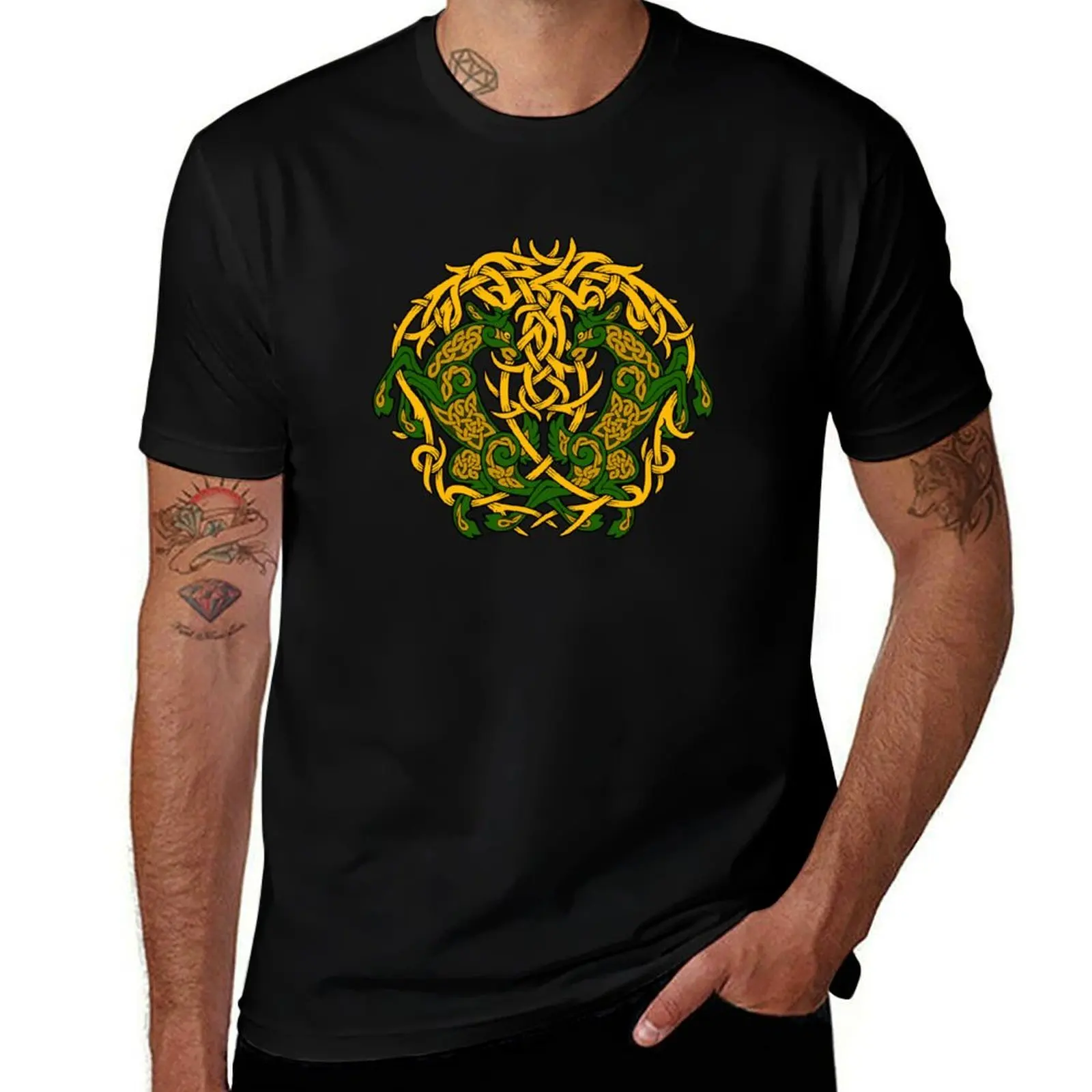 

Celtic Stags Knot (Green/Gold) T-Shirt Casual Street Style Short Sleeve Tee