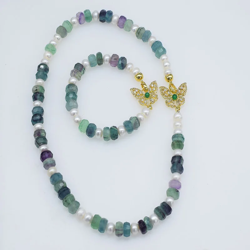 

Green Fluorite white freshwater pearl faceted roundelle 8-10mm necklace bracelet 46cm wholesale nature jewelry beads