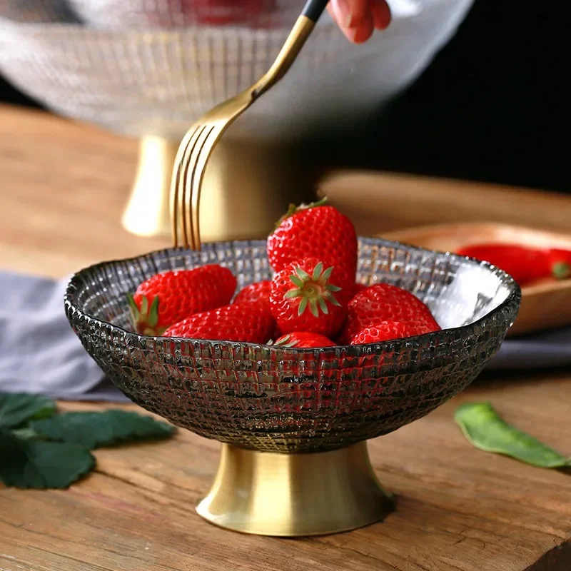 Nordic Luxury Fruit Plate Creative Home Thickened Kitchen Storage Tray High Footed Copper base Glass Fruit Tray