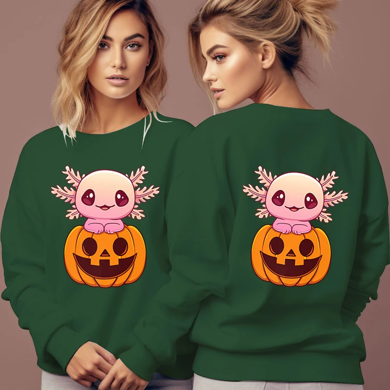 Axolotl Pumpkin Design Women's Clothing Halloween Style Fleece Pullovers Autumn Cartoon Fashion Long Sleeve Halloween Sweatshirt