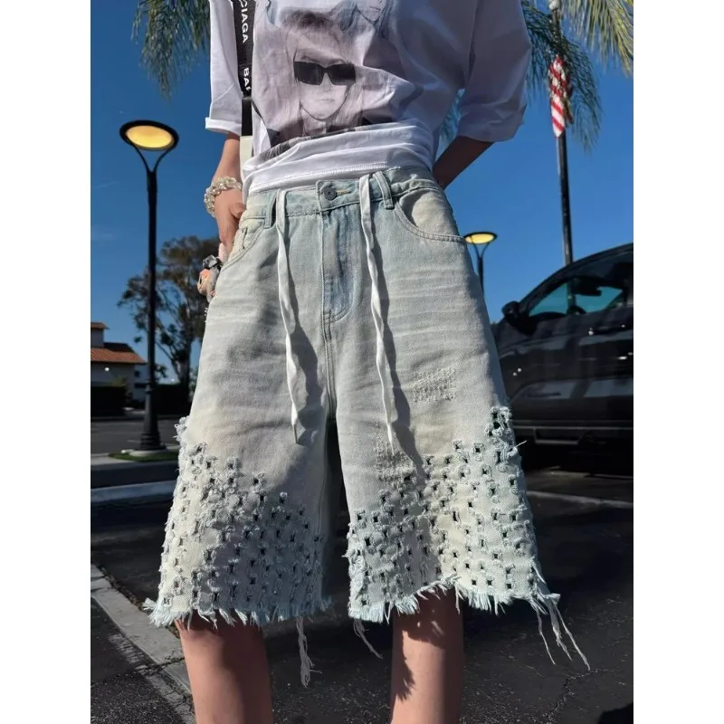 

American Vintage High Street Ripped Straight Loose Wide Leg Denim Shorts Women Washed Distressed Light Blue Zipper Five Point