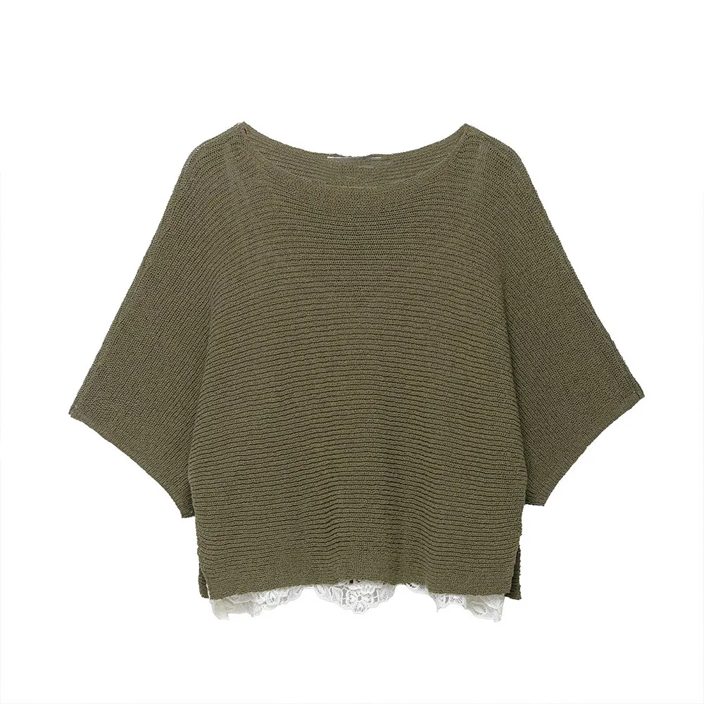

Woman's Knit Sweater Lazy Style Round Neck Lace Solid Color Loose Wide Sleeves Patchwork Pullover Early Autumn Sweater Top