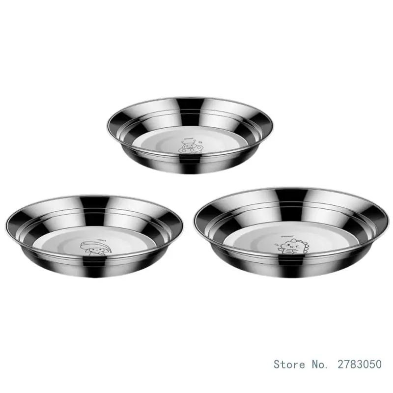 Set of 3 Stainless Steel Heat Resistant Plates Thickened Round Fruit Dish for Home and Restaurant Practical Tableware