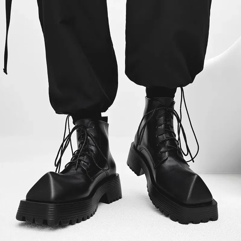 Rhinoceros Toe Short Boots Men and Women Autumn and Winter Black Leather Thick Soled Motorcycle Boots High Top Leather Shoes - Image 5