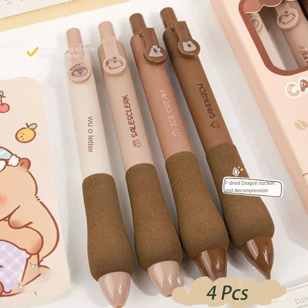 4pcs/set 0.5mm Capybara Gel Pen Black Ink Press Type Cute Pnada Gel Pen Comfortable Soft Sponge Grip Strawberry Roll Cake Pen