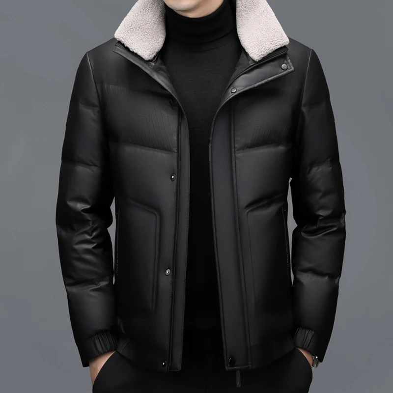 YX-6502 Men's Genuine Leather Down Jacket Winter New Sheepskin Stand Up Collar Leather Jacket Casual Thick Warm Jacket Trend