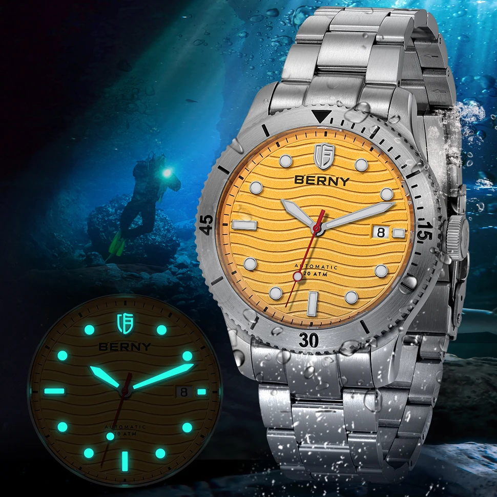 BERNY 20ATM Diving Watch Men Automatic Self-wind Luminous Sapphire Waterproof Stainless Steel Mechanical Sport Wristwatch PT5000