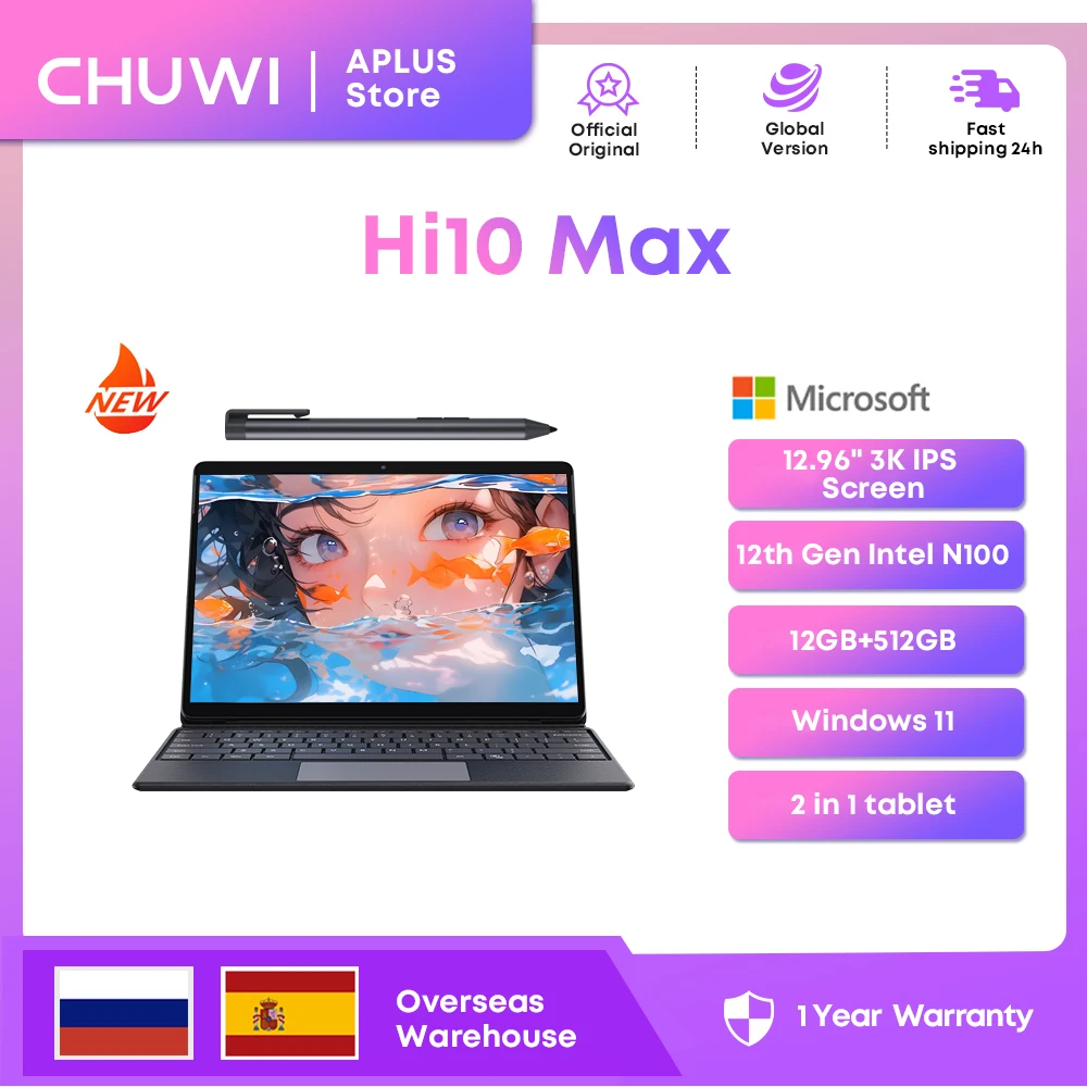 CHUWI HI10 Max 2 IN1 Windows Tablet Laptop Intel N100 12.96'' 3K Touch Screen 512GB SSD 12GB RAM Tablets Support Keyboard Stylus