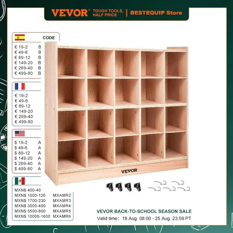 VEVOR Classroom Storage Cabinet Preschool Wooden Cubby 20 Grids Organizer W/ Casters 30 Inch High Birch Plywood Wooden Cubbies