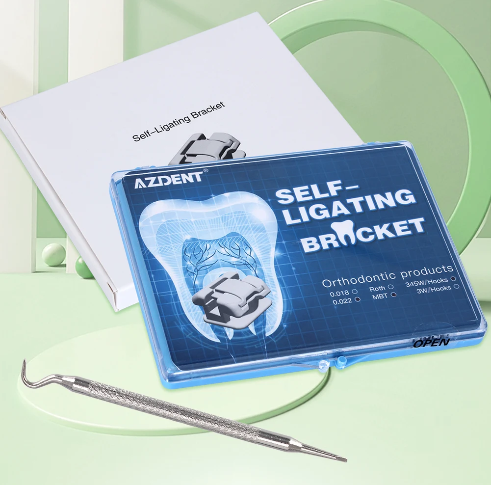 AZDENT Zahnspangen, kieferorthopädische Brackets, selbstligierend, mit bukkaler Röhre, markierter Basis, Roth MBT 0,022, bewegliche Haken 345, inklusive Werkzeug. – Detail 2