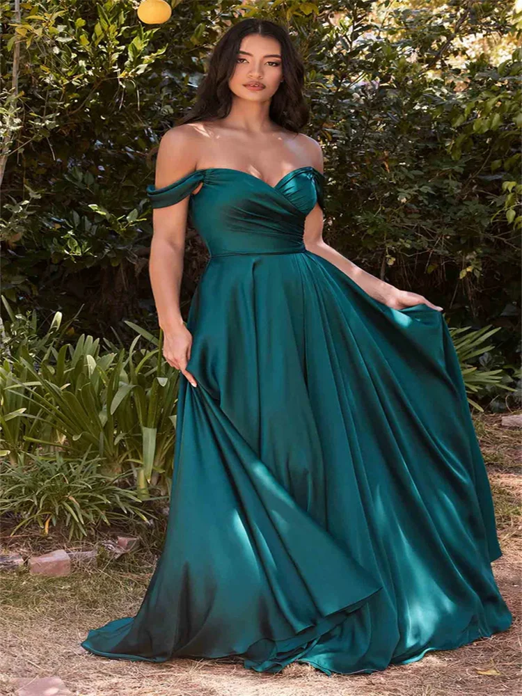 Classic Off-shoulder Sweetheart Neckline High-slit A-line Gown Satin One-shoulder Skirt Pleated Trim Silhouette Skirt Dress