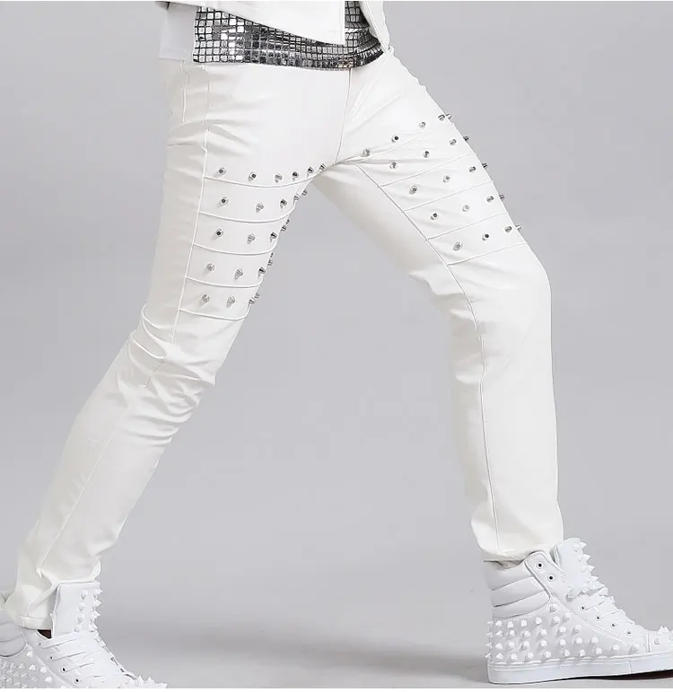 Fashion Men\'s White Rivets Pu leather Pants Nightclub Male Singer DJ DS Stage Trousers Punk Rock Performance Long pants