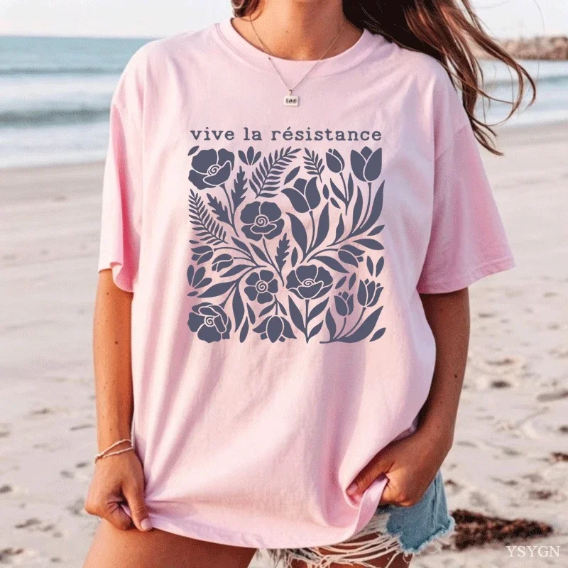 Women Oversized T Shirt Vive La Resistance Retro Floral Botanical Letter Graphic Crew Neck Short Sleeve Loose Boho Womens Tops