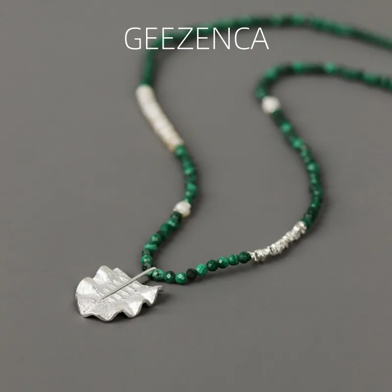 

GEEZENCA Black Spinel Malachite Stone Pearl 925 Silver Plate Beaded Strand Necklace For Women Fan Charm Pendant Necklace Gift