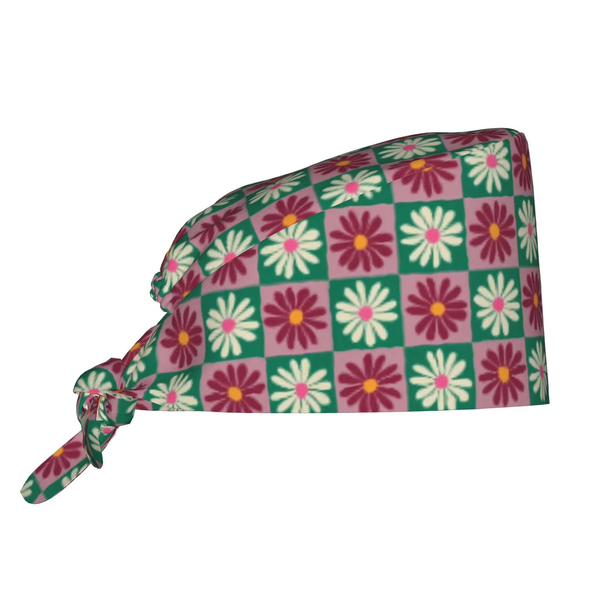 Adjustable Daisy Flower Checker Working Hat Women Men Floral Checkerboard  Scrub Caps Scrub Nursing Doctor Surgeon Cap for Chef