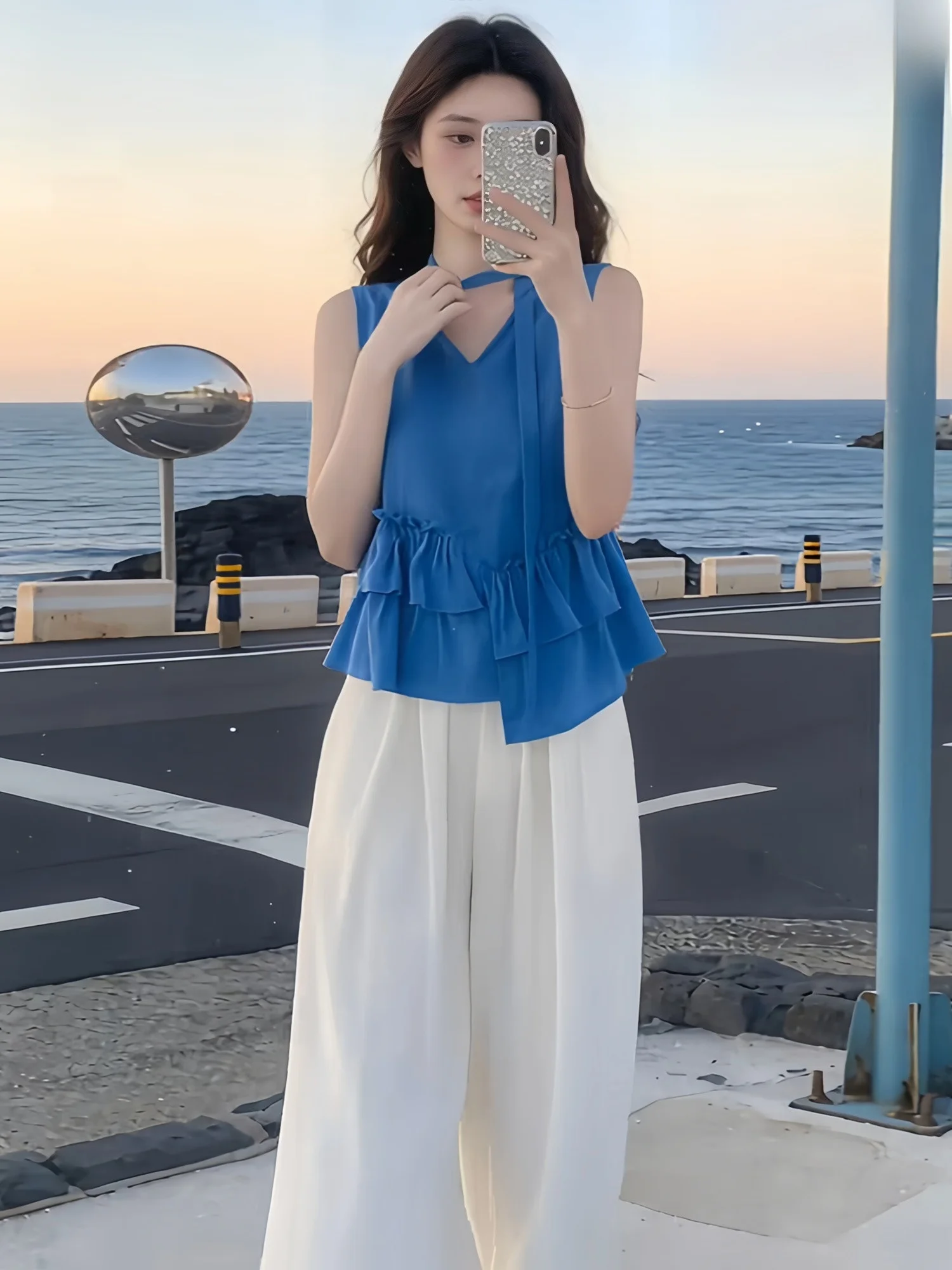 

Korean Style Dopaamine Summer Outfit Set Women's Sleeveless Draped Top High Waist Wide Leg Pants Two Piece Set Casual Wear