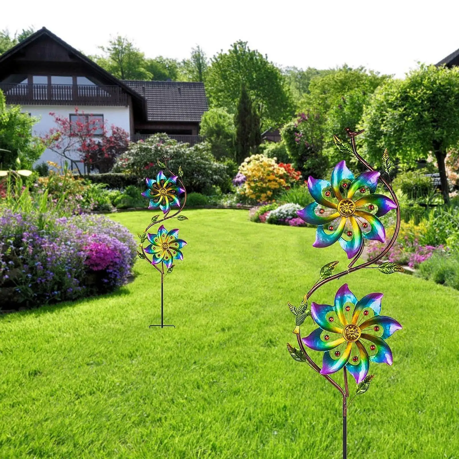 

Двойная цветочная скульптура ветра, украшение для двора ветра, разноцветный, 9,8x43 дюйма