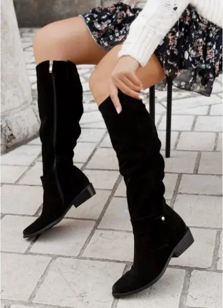 Mode Dame Abrikoos Grijs Bruin Zwart Effen Suède Knoop Rits Zijkant Vrije tijd Platte Knie Hoge Laarzen Vrouw Casual Lange Botas Schoenen