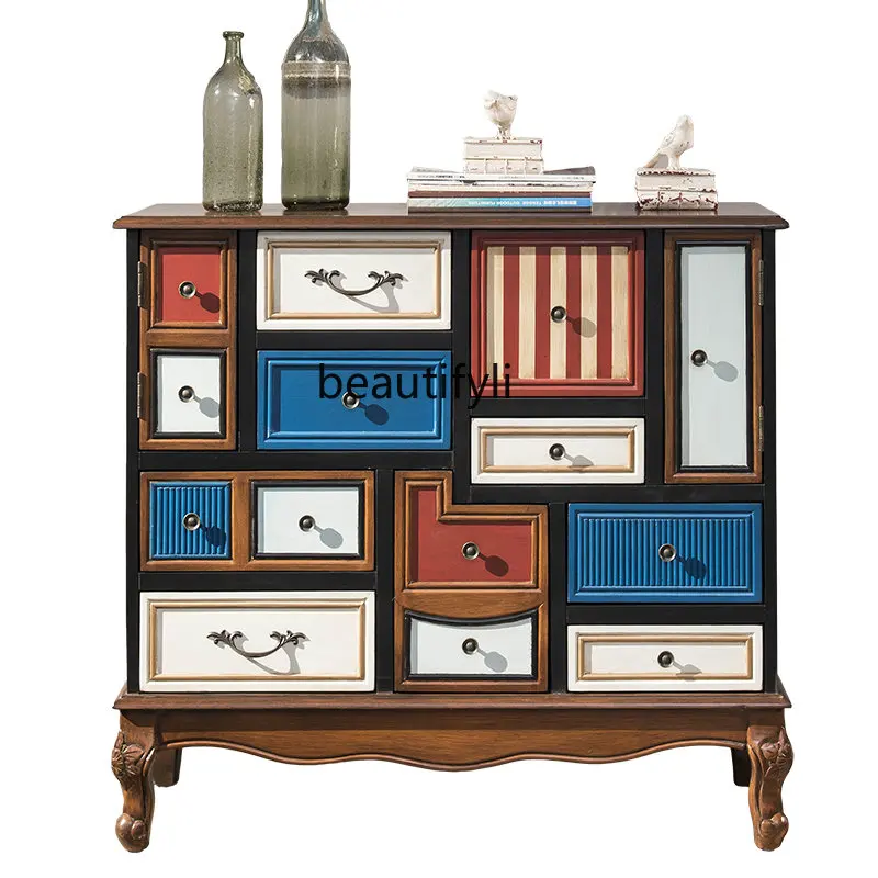 

European-Style Color Drawer Storage Cabinet Hallway Curio Cabinet Mediterranean Retro Multi-Drawer Cabinet Locker