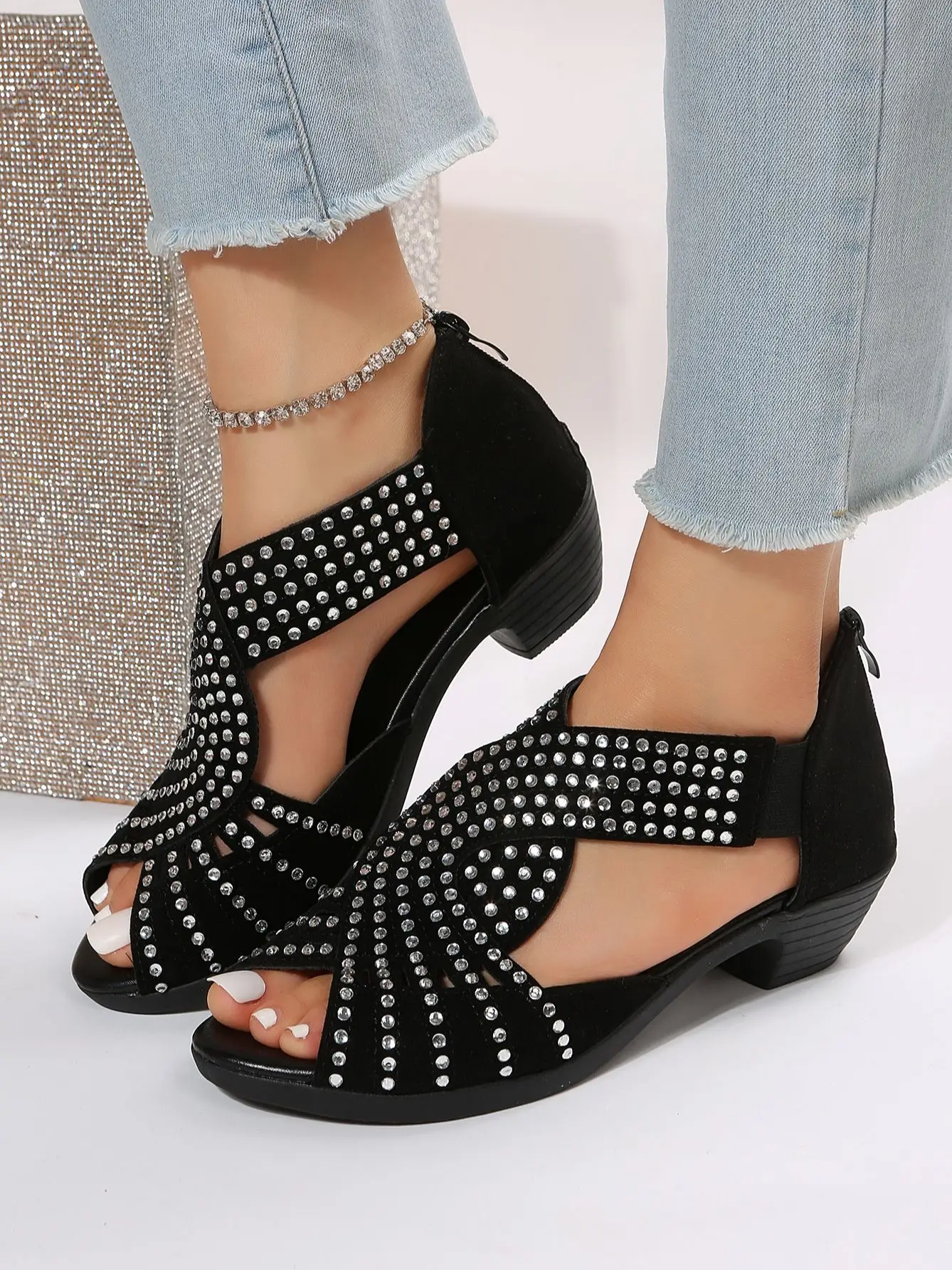 2026 Neue Modische Bequeme Tanzsandalen für Damen mit Strass-Reißverschluss und Kristallen, Indoor-Schuhe mit Offener Spitze – Detail 8