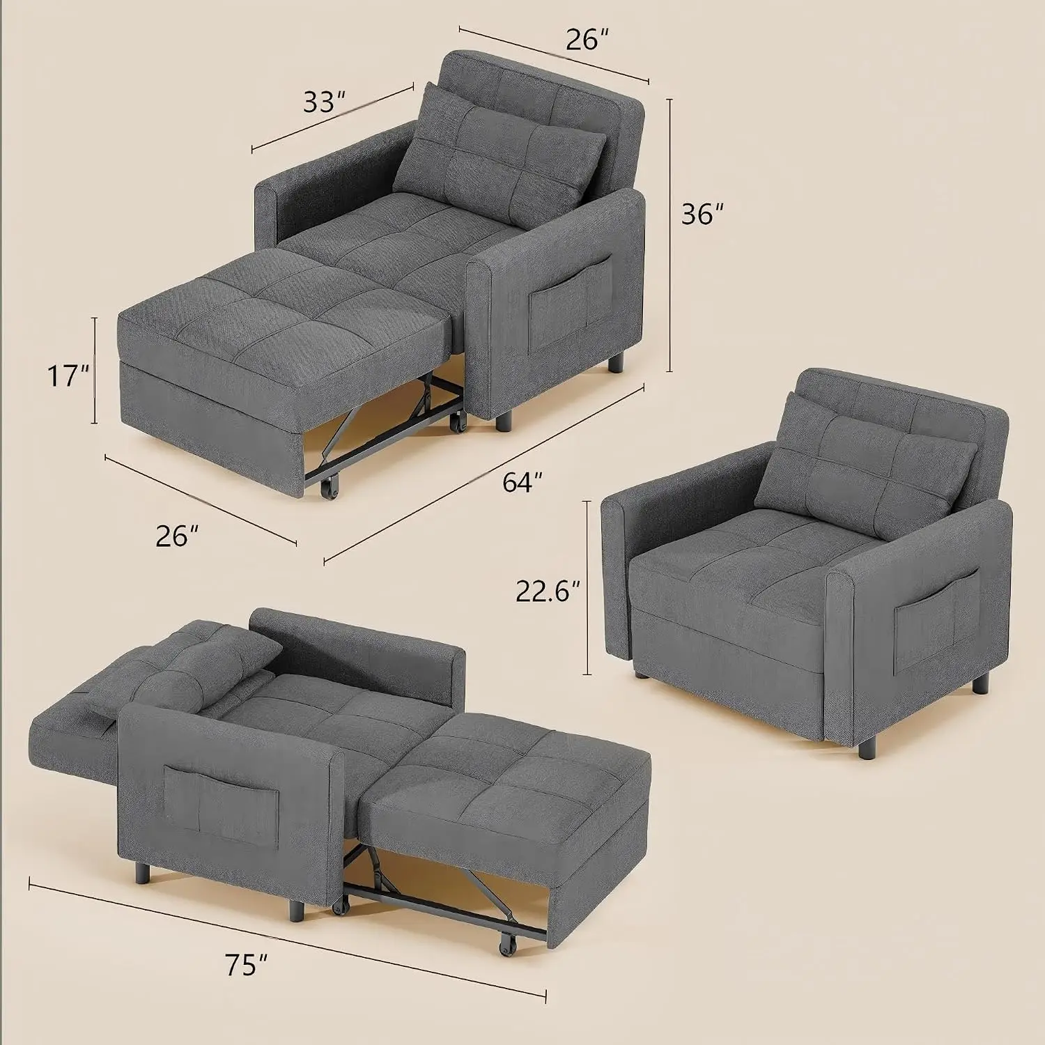3-in-1 Convertible Sofa Bed Chair, Pullout Sleeper, Adjustable Back | 4-Level Adjustable Backrest, Sturdy Steel Frame,, Custom