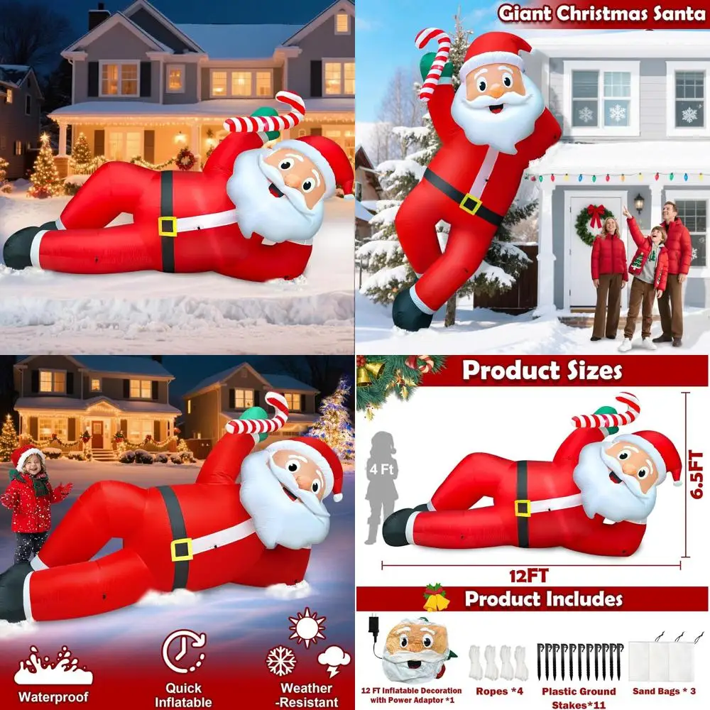 

Super Giant 12 Foot Santa Claus Outdoor Christmas Decorations, Lying Santa Holds Candy Cane, LED Lights, Garden Lawn Holiday Par