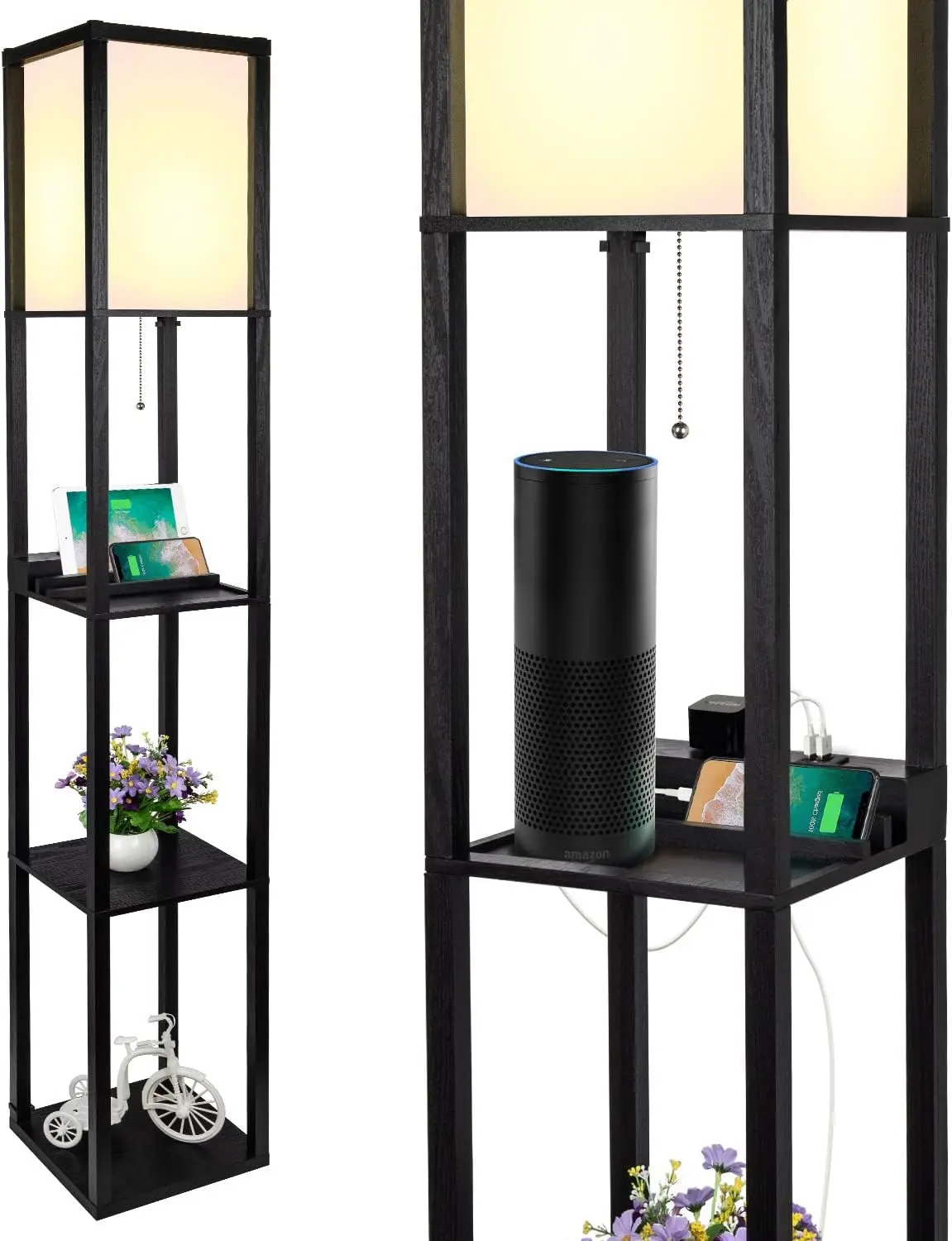 SHINE HAI 3-in-1 Shelf Floor Lamp with 1 USB&Type C&1 AC Outlet, 3-Tiered LED Shelf Lamp, Shelf & Storage Floor Lamp